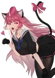 Rule 34 | 1girl, :o, absurdres, android, animal ear fluff, animal ears, black gloves, black pantyhose, black serafuku, black skirt, blue neckerchief, blush, cat ears, cat tail, dutch angle, fangs, garrison cap, girls&#039; frontline, gloves, hat, heart, highres, long hair, looking at viewer, microphone, neckerchief, ntw-20 (girls&#039; frontline), open mouth, pantyhose, paw pose, pink hair, pink ribbon, pleated skirt, red eyes, revision, ribbon, sailor collar, school uniform, serafuku, simple background, skirt, slit pupils, sobi (dnenqkswja), solo, tail, tail ornament, tail ribbon, very long hair, white background