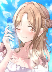 Rule 34 | 1girl, ;), absurdres, blush, bottle, breasts, cleavage, collarbone, commentary request, hair bun, highres, holding, holding bottle, ichikawa hinana, idolmaster, idolmaster shiny colors, light brown hair, looking at viewer, medium breasts, off-shoulder shirt, off shoulder, one eye closed, parted bangs, ramune, shirt, single side bun, smile, solo, sweat, tonguewasabi, upper body