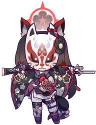 Rule 34 | 1girl, absurdres, animal ear fluff, animal ears, bayonet, black flower, black footwear, black gloves, black hair, black sailor collar, black shirt, blue archive, chibi, fingerless gloves, fishnet thighhighs, fishnets, floral print, flower, fox mask, full body, gloves, glowing, glowing eyes, gun, halo, highres, long hair, long sleeves, looking at viewer, mask, multicolored hair, panatisia, pleated skirt, red hair, rifle, sailor collar, shirt, shoes, simple background, skirt, solo, standing, thighhighs, two-tone hair, very long hair, wakamo (blue archive), weapon, weapon across shoulders, weapon request, white background, white skirt, wide sleeves