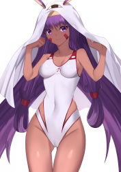 Rule 34 | 1girl, absurdres, animal ears, breasts, cameltoe, competition swimsuit, cowboy shot, dark-skinned female, dark skin, facial mark, fate/grand order, fate (series), highres, long hair, looking at viewer, medjed (fate), nitocris (fate), nitocris (swimsuit assassin) (second ascension) (fate), one-piece swimsuit, purple eyes, purple hair, sidelocks, small breasts, solo, squirrelhollow, swimsuit, white one-piece swimsuit
