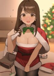 Rule 34 | 1girl, alcohol, beer can, belt, breasts, brown hair, can, capelet, christmas, cleavage, clothes pull, dress, dress pull, drink can, drunk, earrings, green ribbon, hat, highres, id card, jewelry, large breasts, medium hair, ol mahonanoka, original, pantyhose, red capelet, ribbon, santa dress, santa hat, solo