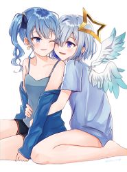 Rule 34 | 2girls, amane kanata, angel, angel wings, artist name, asymmetrical bangs, asymmetrical hair, bare shoulders, barefoot, black shorts, blue camisole, blue eyes, blue hair, blue shirt, blue wings, blush, bob cut, camisole, collarbone, colored inner hair, commentary, earrings, face-to-face, feathered wings, gradient wings, hair ornament, hair over one eye, hair ribbon, halo, highres, hololive, hoshimachi suisei, hug, hug from behind, jewelry, long hair, looking at another, mini wings, multicolored hair, multicolored wings, multiple girls, off shoulder, one eye closed, open clothes, open mouth, open shirt, pink hair, pp tenshi t-shirt, purple eyes, ribbon, sese nagi, shirt, short hair, short shorts, shorts, side ponytail, silver hair, single hair intake, sitting, smile, star (symbol), star earrings, star hair ornament, star halo, streaked hair, t-shirt, twitter username, virtual youtuber, wariza, white wings, wings, yuri