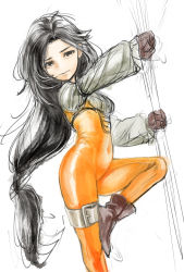 Rule 34 | 1girl, bad id, bad twitter id, black hair, bodysuit, breasts, closed mouth, covered navel, final fantasy, final fantasy ix, foot out of frame, garnet til alexandros xvii, gloves, long hair, looking at viewer, non (nonbiriya mini), orange bodysuit, simple background, skin tight, solo, white background