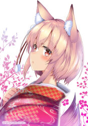 Rule 34 | 1girl, animal ear fluff, animal ears, blonde hair, blush, chestnut mouth, fox ears, fox girl, fox tail, himura moritaka, japanese clothes, kimono, looking at viewer, original, pink kimono, red eyes, short hair, simple background, solo, tail, twitter username, white background