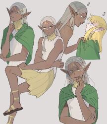 2boys blonde_hair blue_eyes cithis cloak dark-skinned_male dark_elf dark_skin dungeon_meshi elf facial_mark forehead_mark genderswap genderswap_(ftm) gladiator_sandals gorget green_cloak grey_background grey_hair half_up_braid highres hood hooded_cloak long_hair looking_at_another looking_at_viewer male_focus mchi125 multiple_boys multiple_views notched_ear pattadol pointy_ears sandals smile tunic yellow_eyes