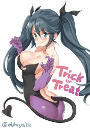 Rule 34 | 1girl, alternate costume, ass, bare shoulders, black leotard, blue hair, breasts, collarbone, demon tail, ebifurya, elbow gloves, english text, gloves, hair ribbon, hairband, halloween, halloween costume, highres, isuzu (kancolle), kantai collection, large breasts, leotard, long hair, looking at viewer, pantyhose, purple gloves, purple pantyhose, ribbon, solo, strapless, strapless leotard, tail, trick or treat, twintails, twisted torso, twitter username, v-shaped eyebrows, white background