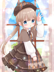 Rule 34 | 1girl, :o, absurdres, arm up, back bow, blue eyes, blunt bangs, blush, bow, brown hair, capelet, collared shirt, curtains, day, deerstalker, detective, dress, frills, grass, hair bow, hat, heart, heart print, highres, houndstooth, layered skirt, light particles, long hair, long sleeves, looking to the side, low twintails, necktie, nekomura yuyuko, open mouth, original, plaid, plaid skirt, shirt, skirt, sky, solo, twintails, very long hair, window