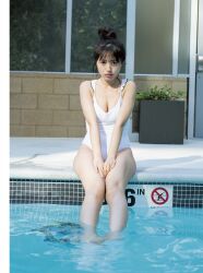 Rule 34 | 1girl, aida rikako, highres, looking at viewer, outdoors, photo (medium), pool, swimsuit, voice actor, water