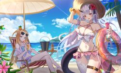 Rule 34 | 2girls, arm strap, bare shoulders, beach, bikini, blue sky, blush, breasts, charlotte (epic seven), cleavage, commentary request, crossed legs, epic seven, eyewear on head, flower, hair flower, hair ornament, highres, holding, holiday yufine (epic seven), horns, hyonee, innertube, large breasts, long hair, multiple girls, outdoors, parasol, parted lips, pointy ears, red eyes, single thighhigh, sitting, sky, smile, sunglasses, swim ring, swimsuit, thigh strap, thighhighs, umbrella, white thighhighs, yufine (epic seven)