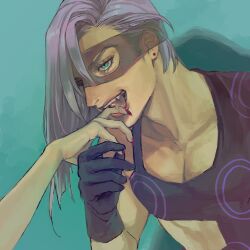 Rule 34 | 1boy, 1girl, asymmetrical sleeves, earrings, gloves, green background, green eyes, highres, jacket, jewelry, jojo no kimyou na bouken, licking, long hair, mask, melone, meron nouka, mismatched sleeves, nail polish, open mouth, purple gloves, purple hair, purple jacket, red nails, solo focus, tongue, tongue out, upper body, vento aureo