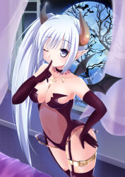 Rule 34 | 1girl, bat (animal), belt, black gloves, black thighhighs, blue eyes, breasts, cleavage, collarbone, cross, cross necklace, curtains, demon girl, demon horns, elbow gloves, finger to mouth, garter straps, gloves, hand on own hip, horns, jewelry, long hair, looking at viewer, navel, necklace, one eye closed, original, pointy ears, purushupan, side ponytail, silver hair, solo, thigh strap, thighhighs, thighs, wings, wink