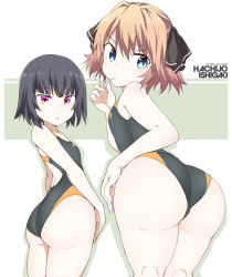 Rule 34 | 2girls, ass, bare arms, bare legs, bare shoulders, black hair, black ribbon, black one-piece swimsuit, blue eyes, brown hair, candy, character name, clothes writing, competition swimsuit, food, food in mouth, from behind, hachijou (kancolle), hair ribbon, ishigaki (kancolle), kantai collection, lollipop, looking back, multiple girls, one-piece swimsuit, pink eyes, ribbon, shigino sohuzi, short hair, swimsuit