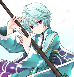 Rule 34 | 10s, 1boy, albino, bishounen, cape, expressionless, jacket, male focus, mikleo (tales), pink eyes, silver hair, solo, staff, tales of (series), tales of zestiria, white background, yukako (yunny)