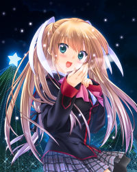 Rule 34 | 1girl, black jacket, blazer, blonde hair, blue eyes, bow, breath, christmas tree, commentary request, grey skirt, highres, jacket, little busters!, long hair, looking at viewer, night, pink bow, plaid, plaid skirt, pleated skirt, satomi yoshitaka, school uniform, second-party source, skirt, solo, star (symbol), tokido saya, twintails