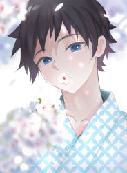 Rule 34 | 1boy, black hair, blue eyes, blurry, branch, character request, check character, check copyright, cherry blossoms, collarbone, copyright request, dappled sunlight, depth of field, flower, flower in mouth, head tilt, japanese clothes, kimetsu no yaiba, kimono, long sleeves, looking at viewer, male focus, mouth hold, nature, petals, portrait, shippou (pattern), short hair, solo, sunlight, tomioka giyuu, white background, white flower, wind, yeobojagiaegi