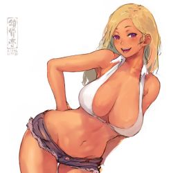 Rule 34 | 1girl, :d, bare shoulders, blonde hair, breasts, collared shirt, commentary request, crop top, denim, denim shorts, hand on own hip, large breasts, long hair, navel, open clothes, open mouth, open shirt, original, purple eyes, shirt, short shorts, shorts, shu-mai, simple background, smile, solo, tan, thighs, white background