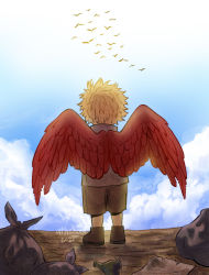 Rule 34 | 1boy, aged down, athenoot, bird, blonde hair, boku no hero academia, broken bottle, child, cloud, commentary, day, english commentary, feathered wings, flock, from behind, hawks (boku no hero academia), male focus, outdoors, red wings, shirt, shoes, short hair, shorts, signature, solo, standing, trash bag, wings