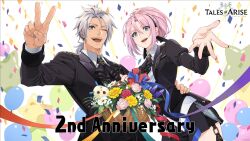 Rule 34 | 1boy, 1girl, alphen (tales), anniversary, blue eyes, confetti, copyright name, couple, dark-skinned male, dark skin, hair between eyes, hair bun, hand on another&#039;s hip, happy anniversary, highres, juliet sleeves, long hair, long sleeves, looking at viewer, official alternate costume, official alternate hair length, official alternate hairstyle, official art, open mouth, parted bangs, pink hair, ponytail, puffy sleeves, shionne (tales), sidelocks, smile, spiked hair, streamers, tales of (series), tales of arise, very long hair, white hair