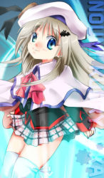 Rule 34 | 1girl, bad anatomy, blue eyes, bow, cape, hat, little busters!, long hair, noumi kudryavka, pink bow, plaid, plaid skirt, poorly drawn, school uniform, scp (9scp), silver hair, skirt, solo, thighhighs