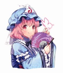 Rule 34 | 1girl, arms up, black bow, black neckwear, blue kimono, blue sash, blush, bow, breasts, breasts apart, bug, butterfly, butterfly on hand, cropped torso, folding fan, frilled kimono, frilled sleeves, frills, hair between eyes, hand fan, holding, holding fan, insect, japanese clothes, kapuchii, kimono, large breasts, looking at viewer, pink eyes, pink hair, saigyouji yuyuko, sash, short hair, simple background, solo, touhou, triangular headpiece, white background