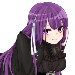 Rule 34 | 1girl, assault lily, black cape, black shirt, breasts, cape, center frills, closed mouth, commentary, detached sleeves, frilled shirt, frills, hair ornament, hair ribbon, highres, lace sleeves, large breasts, leaning forward, light blush, long hair, long sleeves, looking at viewer, purple eyes, purple hair, ribbon, shirt, side cape, simple background, sleeveless, sleeveless shirt, smile, solo, takeda mimi, tora (yoaq151bibozrrb), upper body, white background, white ribbon