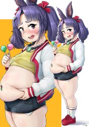 Rule 34 | 1girl, animal ears, belly grab, blunt bangs, blush, breasts, buck teeth, candy, character request, commission, copyright request, cowboy shot, dot nose, fat, food, full body, hair ornament, hairclip, highres, holding, holding candy, holding food, jacket, jewelry, lollipop, long sleeves, multiple views, navel, navel piercing, necklace, open clothes, open jacket, open mouth, outline, parted bangs, piercing, pocket, purple eyes, purple hair, red footwear, shadow, shigekikkusu, shoes, short shorts, shorts, signature, simple background, skeb commission, small breasts, sneakers, socks, teeth, thick thighs, thighs, twintails, white background, white outline, yellow background, zoom layer