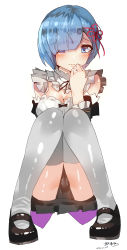 Rule 34 | 10s, 1girl, 2016, absurdres, black panties, black ribbon, blue eyes, blue hair, breasts, cameltoe, cleavage, dated, detached sleeves, frilled sleeves, frills, hair ornament, hair over one eye, hair ribbon, highres, jewelry, maid, mary janes, matching hair/eyes, panties, pantyshot, re:zero kara hajimeru isekai seikatsu, red ribbon, rem (re:zero), ribbon, ribbon trim, ring, shiny skin, shoes, short hair, signature, sitting, solo, thighhighs, underbust, underwear, white thighhighs, x hair ornament, yueqin (monnpiano)