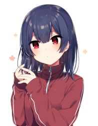 Rule 34 | 1girl, bad id, bad twitter id, blue hair, blush, closed eyes, closed mouth, hair between eyes, hair down, hands up, highres, idolmaster, idolmaster shiny colors, jacket, mafuyu (chibi21), medium hair, morino rinze, playing with own hair, red eyes, red track suit, solo, track jacket, tsurime, zipper, zipper pull tab