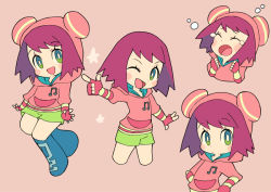 Rule 34 | 1girl, blue footwear, blush, chibi, crying, fingerless gloves, full body, gloves, green eyes, green shorts, hands on own hips, hood, hoodie, index finger raised, looking to the side, mega man (series), mega man star force, miyata (lhr), multiple persona, musical note, one eye closed, open mouth, outstretched arm, pocket, short hair, shorts, smile, sonia strumm (mega man), star (symbol), wink