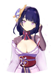 Rule 34 | 1girl, absurdres, braid, breasts, cleavage, closed mouth, commentary request, dodo (yatotoyatoto), flower, genshin impact, hair ornament, highres, japanese clothes, kimono, large breasts, long hair, looking at viewer, mole, mole under eye, obi, obiage, obijime, purple eyes, purple flower, purple hair, raiden shogun, ribbon, sash, simple background, solo, white background