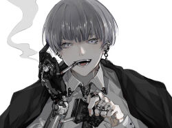 Rule 34 | 1boy, black jacket, black necktie, carriann000, chain, cigarette, cigarette pack, collared shirt, commentary request, cross, dress shirt, ear piercing, earrings, grey eyes, grey hair, grey theme, highres, holding, holding cigarette pack, jacket, jacket on shoulders, jewelry, latin cross, long sleeves, looking at viewer, male focus, mismatched earrings, mouth hold, multiple rings, necktie, open mouth, original, piercing, print necktie, prosthesis, prosthetic arm, prosthetic hand, ring, shirt, short hair, simple background, smile, smoke, smoke trail, smoking, solo, stud earrings, teeth, upper body, white background, white shirt
