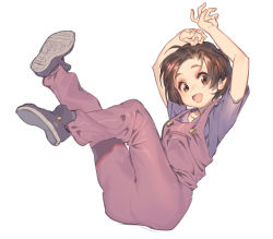 Rule 34 | 1girl, amazake arika, blue shirt, brown eyes, brown hair, buttons, collarbone, commentary request, hands up, highres, knees up, looking at viewer, medarot, open mouth, overalls, pink overalls, shirt, shoes, short hair, short sleeves, sitting, smile, solo, tanakalma