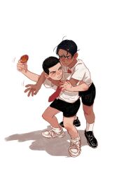 Rule 34 | 2boys, ankle socks, black eyes, black footwear, black shorts, bright pupils, chengongzi123, collared shirt, commentary, dark-skinned male, dark skin, english commentary, full body, highres, holding, koito otonoshin, looking at another, male focus, multiple boys, necktie, one eye closed, open mouth, original, red necktie, shadow, shirt, shoes, short sleeves, shorts, simple background, socks, solo, standing, tsukishima hajime, white background, white footwear, white shirt, white socks