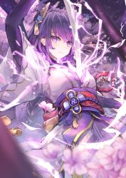 Rule 34 | 1girl, arm up, blurry, blurry foreground, braid, breasts, bridal gauntlets, cherry blossoms, cleavage, commentary request, electricity, floral print, flower, genshin impact, hair ornament, highres, human scabbard, japanese clothes, kimono, koomoi, large breasts, long hair, long sleeves, looking at viewer, mole, mole under eye, obi, obiage, obijime, parted lips, purple eyes, purple flower, purple hair, raiden shogun, ribbon, sash, solo, sword, tassel, weapon, wide sleeves