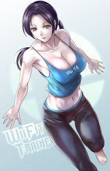 Rule 34 | 1girl, barefoot, black hair, breasts, camisole, character name, cleavage, clothes writing, collarbone, colored skin, english text, grey eyes, large breasts, leg up, long hair, looking at viewer, midriff, navel, nintendo, open mouth, pale skin, parted lips, ponytail, solo, strap gap, super smash bros., tank top, whistlerx, white skin, wii fit, wii fit trainer, wii fit trainer (female)