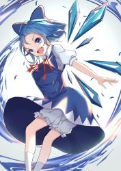 Rule 34 | 1girl, :d, absurdres, bloomers, blue bow, blue dress, blue eyes, blue hair, blush, bow, cirno, collared shirt, commentary request, dress, floating, full body, hair bow, highres, ice, ice wings, looking at viewer, mary janes, open mouth, pinafore dress, puffy short sleeves, puffy sleeves, red neckwear, red ribbon, ribbon, shirt, shoes, short hair, short sleeves, simple background, sleeveless dress, smile, socks, solo, standing, standing on one leg, teeth, touhou, underwear, upper teeth only, white background, white shirt, white socks, wing collar, wings, yamanakaume