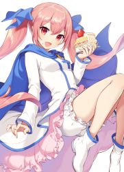 Rule 34 | 1girl, bare legs, blue cape, blue ribbon, breasts, brown hair, cake, cape, commentary request, copyright request, food, frills, gomashio ponz, holding, holding food, long hair, long sleeves, looking at viewer, open mouth, red eyes, ribbon, shoes, simple background, small breasts, smile, solo, twintails, white background, white footwear