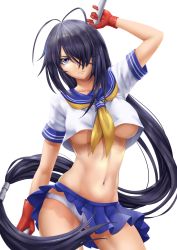 Rule 34 | 1girl, absurdly long hair, black hair, blue eyes, blue sailor collar, blue skirt, breasts, closed mouth, clothes lift, collarbone, collared shirt, contrapposto, cowboy shot, crop top, floating hair, gloves, hair between eyes, hair over one eye, highres, holding, holding polearm, holding weapon, ikkitousen, kan&#039;u unchou, long hair, looking at viewer, low-tied long hair, medium breasts, miniskirt, neckerchief, panties, pleated skirt, polearm, ponytail, red gloves, sailor collar, sailor shirt, sakuya (liao kj), shirt, short sleeves, simple background, skirt, skirt lift, solo, standing, underboob, underwear, very long hair, weapon, white background, white panties, white shirt, yellow neckerchief