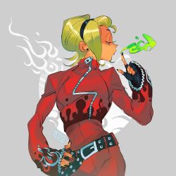 Rule 34 | 1boy, ash crimson, belt, black nails, blonde hair, bokubunbun, earrings, fire, freckles, gloves, green fire, hairband, hand on own hip, highres, jewelry, nail polish, red suit, snk, suit, the king of fighters
