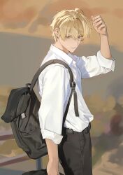 Rule 34 | 1boy, absurdres, alternate costume, arm up, backpack, bag, black bag, black pants, blonde hair, blue eyes, carrying, collared shirt, commentary request, from side, hair between eyes, highres, holostars, kishido temma, looking at viewer, male focus, outdoors, pants, shirt, short hair, sleeves rolled up, solo, upper body, virtual youtuber, white shirt, yonsang (swordmaster)