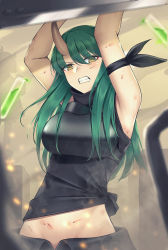 Rule 34 | 1girl, absurdres, arknights, arm ribbon, armor, arms up, bare arms, bare shoulders, black ribbon, black shirt, breastplate, breasts, brown eyes, chinese commentary, clenched teeth, commentary request, green hair, hair between eyes, head tilt, highres, horns, hoshiguma (arknights), large breasts, long hair, looking at viewer, midriff, nestea, ribbon, shirt, single horn, sleeveless, sleeveless shirt, solo, teeth, tied shirt, upper body, v-shaped eyebrows