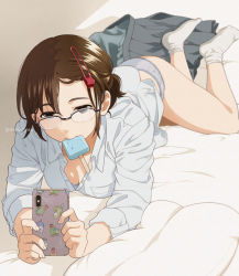 Rule 34 | 1girl, bed sheet, breasts, brown hair, cellphone, cleavage, collared shirt, dress shirt, food, food in mouth, glasses, grey eyes, grey skirt, hair ornament, hairclip, holding, holding phone, ice cream, long sleeves, lying, mattaku mousuke, medium breasts, mouth hold, on side, original, panties, phone, pleated skirt, shirt, skirt, socks, solo, striped clothes, striped panties, underwear, unworn skirt, white shirt, white socks