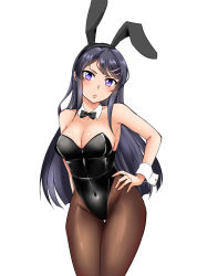 Rule 34 | 10s, 1girl, absurdres, angel lingxing, animal ears, black bow, black bowtie, black hair, black leotard, black pantyhose, bow, bowtie, breasts, chinese commentary, cleavage, commentary request, cowboy shot, detached collar, fake animal ears, hand on own hip, highres, leotard, long hair, looking at viewer, medium breasts, pantyhose, playboy bunny, purple eyes, rabbit ears, sakurajima mai, seishun buta yarou, simple background, solo, standing, strapless, strapless leotard, white background, wrist cuffs