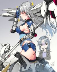 Rule 34 | 2girls, alice gear aegis, blue hair, closed eyes, closed mouth, commentary request, doyouwantto, floating, floating object, grey hair, holding, holding mask, holding polearm, holding weapon, kondou chieri, leotard, mask, mecha musume, mechanical arms, mechanical legs, multiple girls, polearm, scar, shorts, signature, smile, solo, sparkle, spear, sweatdrop, takanashi rei, wavy mouth, weapon