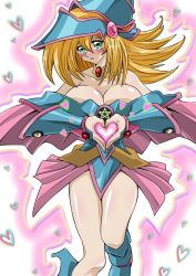 Rule 34 | blonde hair, blush, blush stickers, breasts, choker, cleavage, dark magician girl, duel monster, green eyes, hat, heart, heart hands, heart in heart hands, large breasts, open mouth, solo, straw (yokubou hiroba), yu-gi-oh!, yu-gi-oh! duel monsters