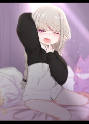 Rule 34 | 1girl, absurdres, bed, black bow, blush, bow, braid, character doll, creatures (company), game freak, gen 1 pokemon, gengar, grey hair, hair bow, hand up, heart, heart-shaped pupils, highres, letterboxed, long hair, looking at viewer, makaino ririmu, nijisanji, nintendo, one eye closed, open mouth, pointy ears, pokemon, red eyes, sitting, solo, stretching, symbol-shaped pupils, twin braids, utsusumi kio, virtual youtuber, yawning