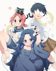Rule 34 | 1girl, 3boys, a&#039;gen (the legend of luoxiaohei), absurdres, animal, animal on head, barefoot, black cat, black eyes, blue eyes, blue robe, blue sailor collar, blue shorts, blush, braid, braided ponytail, brown shorts, cat, cat on head, controller, earrings, game controller, highres, jewelry, laojun (the legend of luoxiaohei), long sleeves, luo xiaobai, luo xiaohei, luo xiaohei (cat), luo xiaohei zhanji, multiple boys, nixihuanxiaokeaima, on head, oversized clothes, parted lips, robe, round eyewear, sailor collar, short sleeves, shorts, smile, tongue, tongue out, wide sleeves