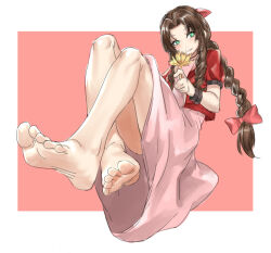 Rule 34 | 1girl, aerith gainsborough, barefoot, braid, brown hair, dress, eiji (eiji), feet, final fantasy, final fantasy vii, flower, foot focus, forehead, green eyes, highres, holding, jacket, long hair, open clothes, open jacket, pink background, pink dress, pink ribbon, red jacket, ribbon, smile, soles, solo, toes, very long hair, wavy hair, yellow flower