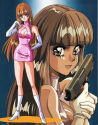 Rule 34 | 1girl, bare shoulders, blue eyes, boots, breasts, brown hair, center opening, cleavage, dress, elbow gloves, gloves, gun, hand on own hip, highres, holding, holding weapon, knee boots, long hair, long legs, looking at viewer, mon mon, multiple views, original, projected inset, short dress, smile, weapon, white gloves