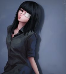 Rule 34 | 1girl, black eyes, black hair, black shirt, blouse, closed mouth, commentary, english commentary, head tilt, highres, long hair, looking at viewer, miura-n315, realistic, shirt, simple background, sleeves rolled up, solo, tokyo ghoul, yasuhisa kurona